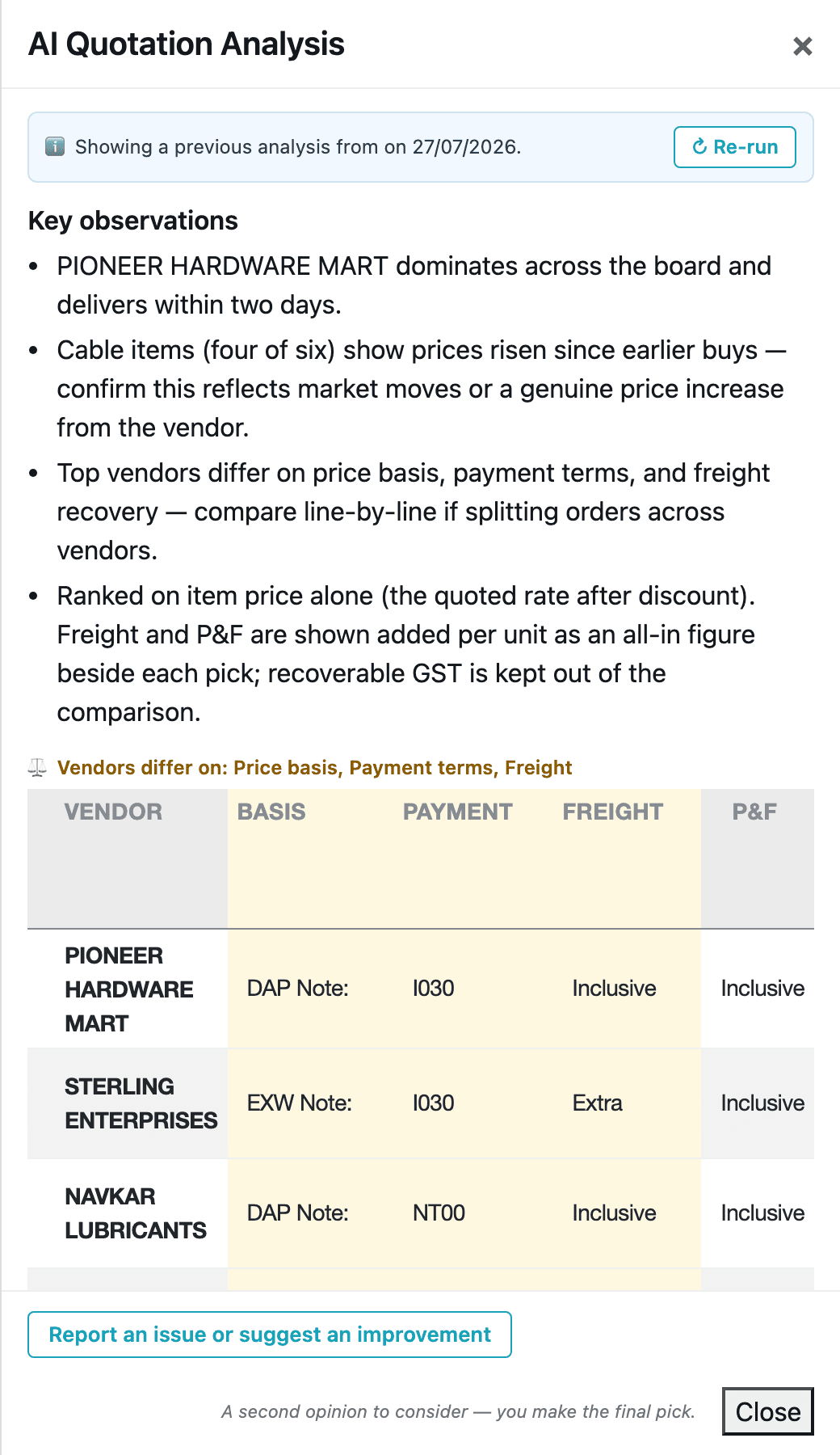 AI quotation analysis beside the comparison, listing where vendors differ