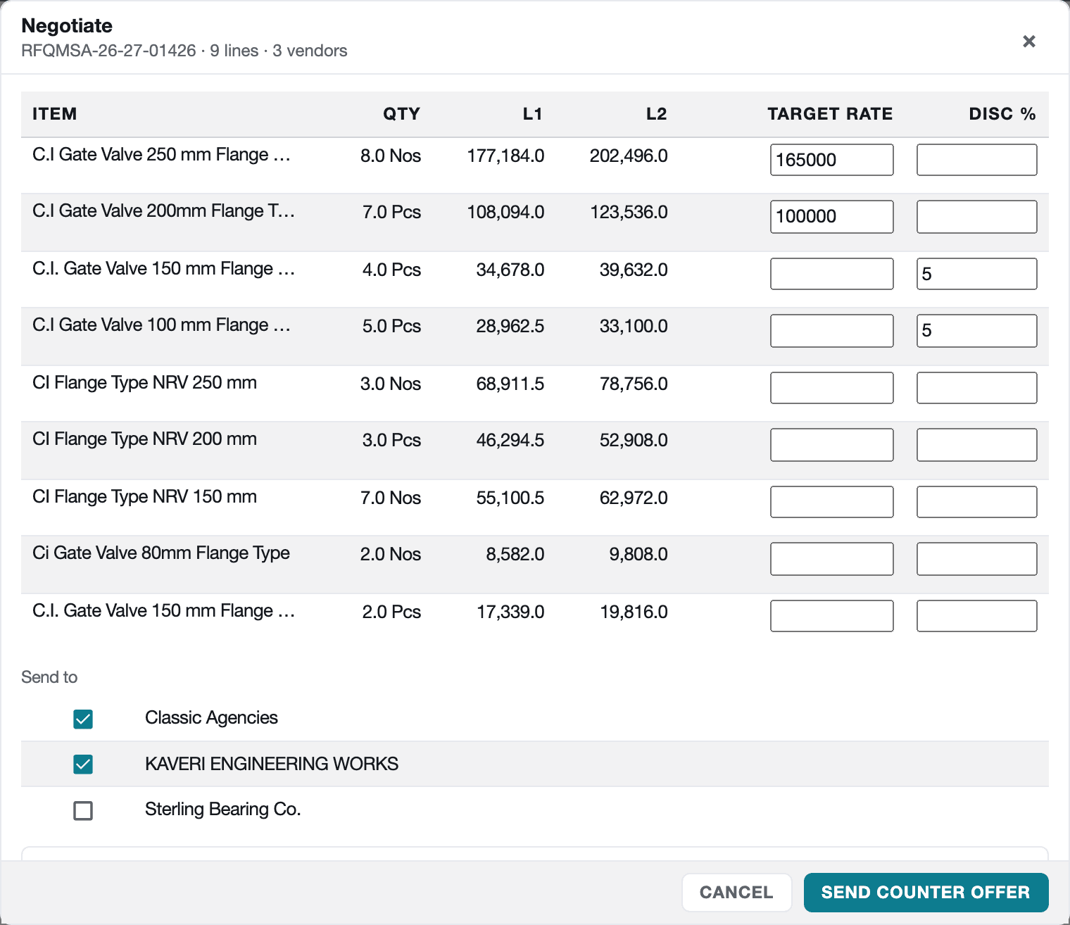Negotiation dialog with a target rate and discount for each line