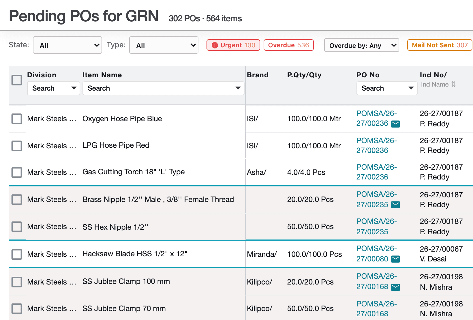 Pending purchase orders awaiting goods receipt, with quantity still to come