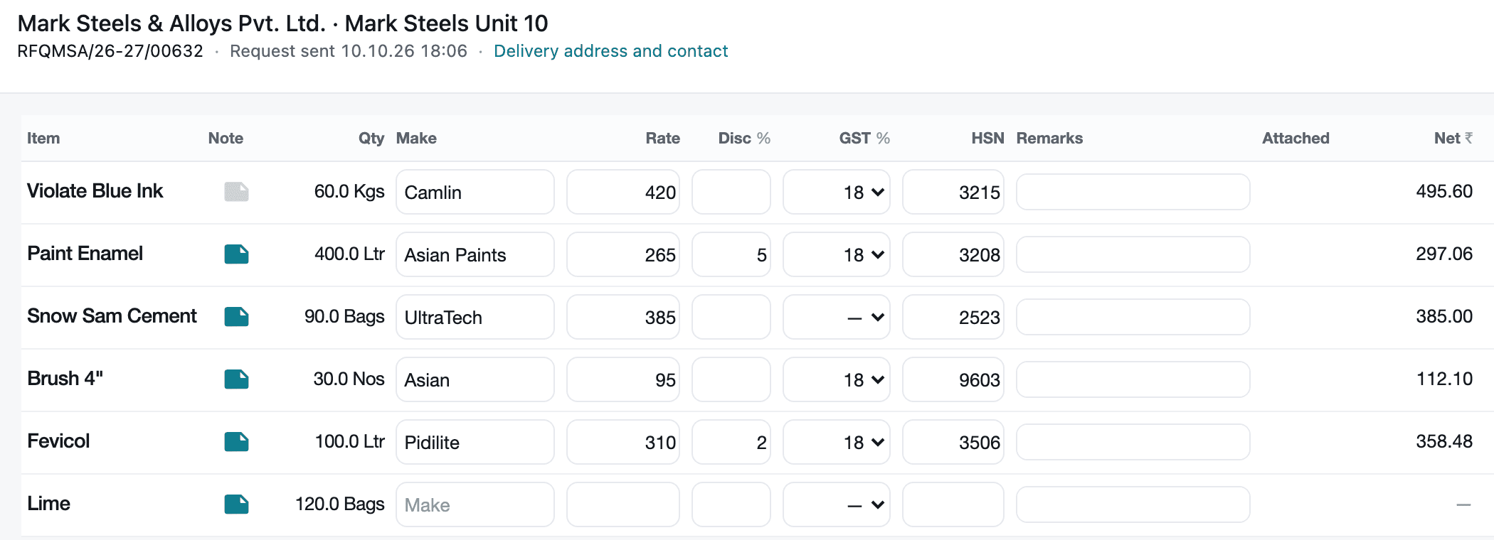 Vendor quotation form with make, rate, discount, GST and HSN for each item in the enquiry