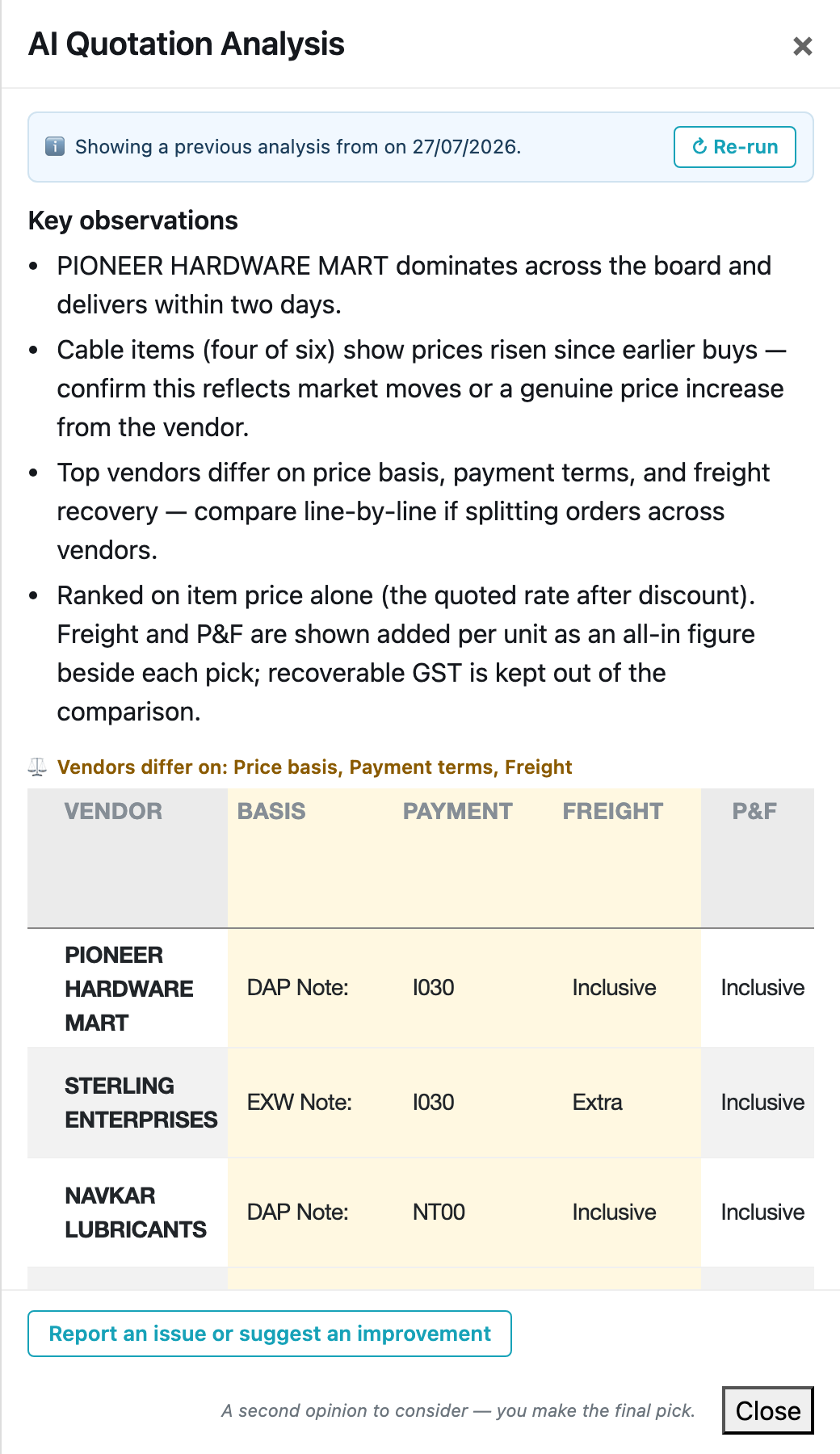 AI quotation analysis beside the comparison, listing where vendors differ