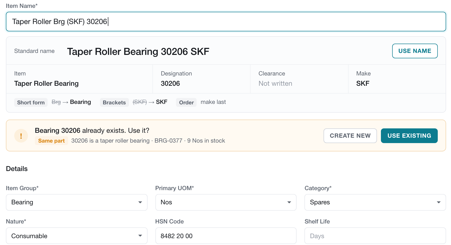 New item form proposing a standard name and pointing to an existing matching item