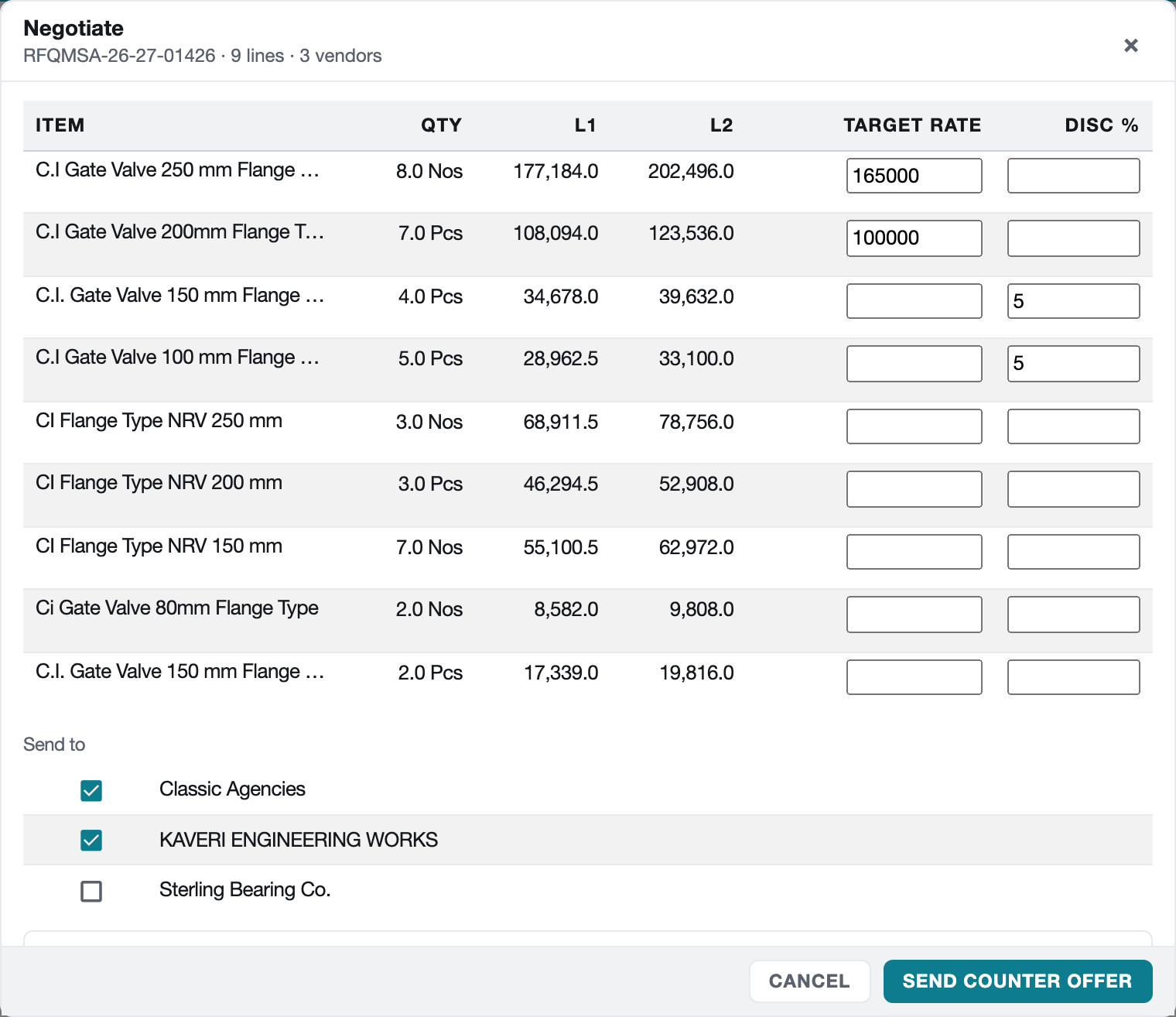Negotiation dialog with a target rate and discount for each line