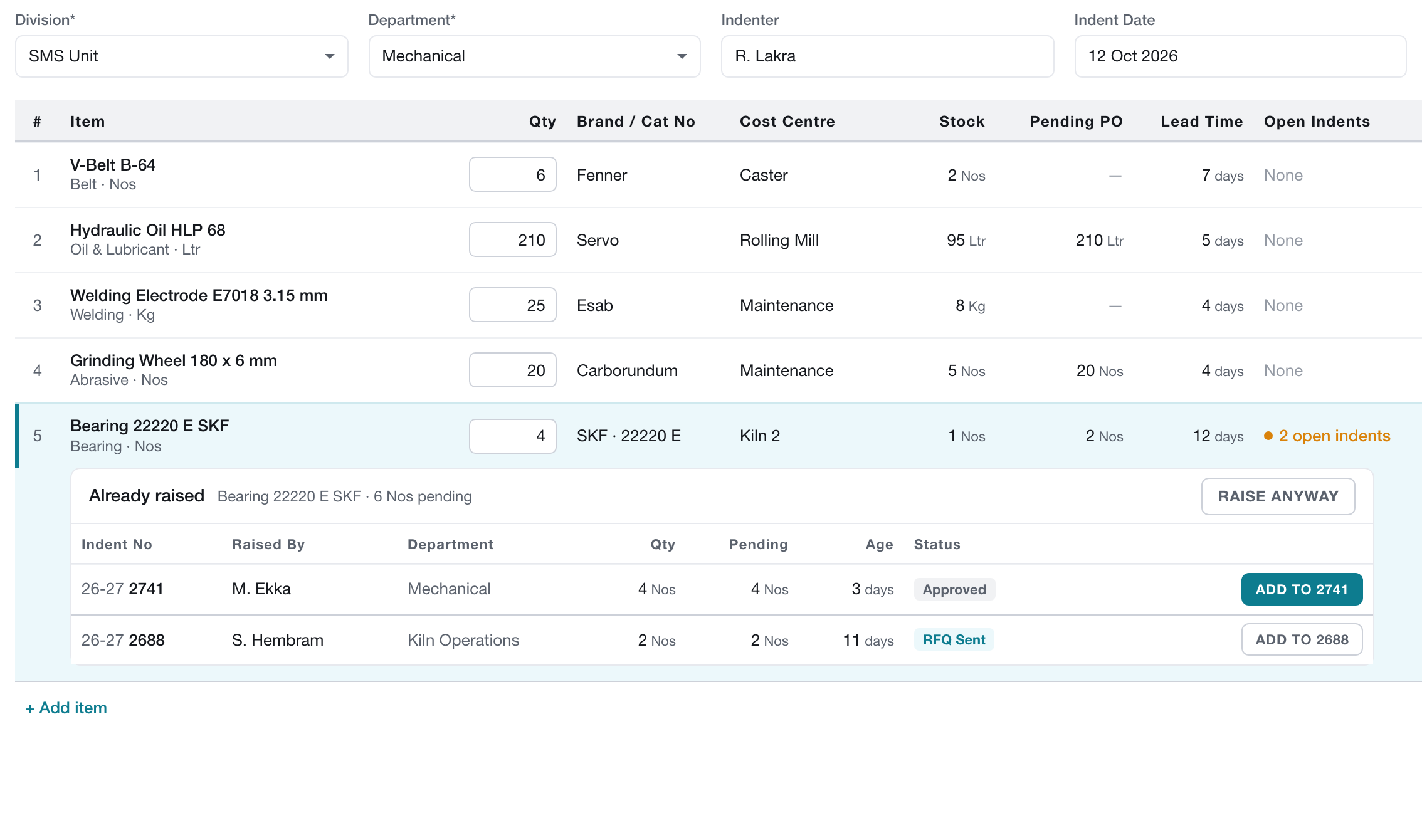 New indent line showing two open indents for the same item, with an option to add to one