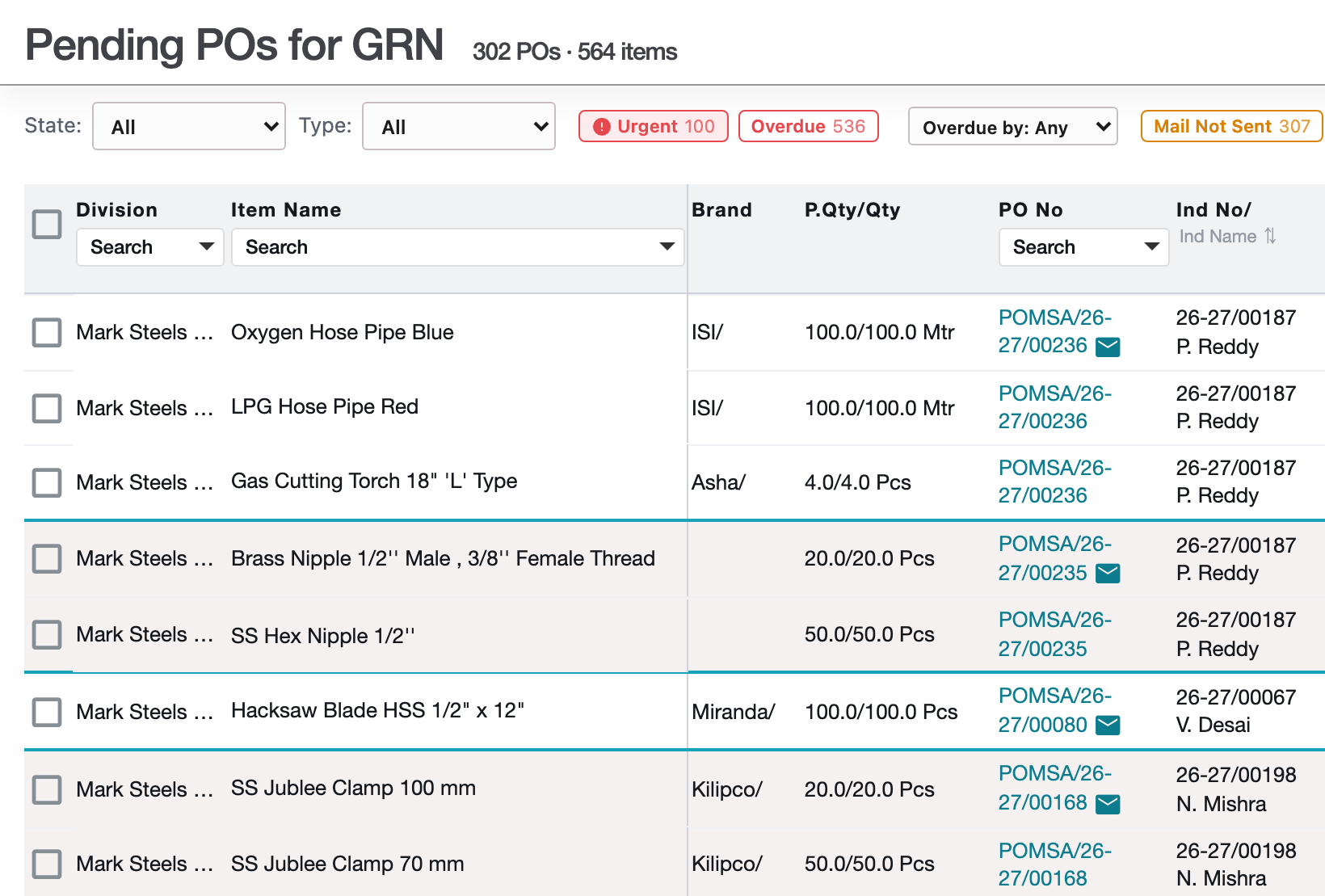 Pending purchase orders awaiting goods receipt, with quantity still to come