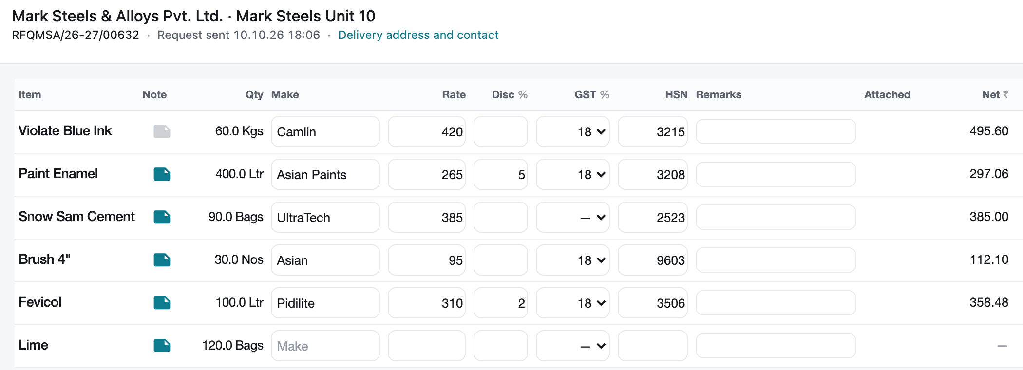 Vendor quotation form with make, rate, discount, GST and HSN for each item in the enquiry